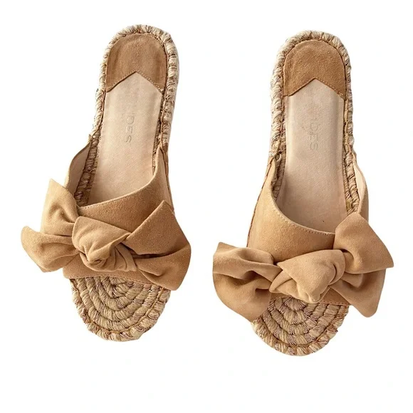 J/Slides Ritsy Slip On Espadrilles Beige Suede Leather Bow Slides Handcrafted - Picture 5 of 12